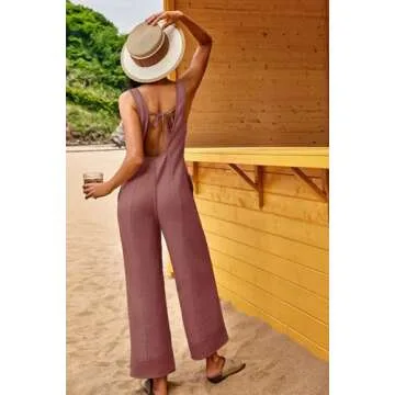Panadila Womens Waffle Knit Jumpsuit Casual Wide Leg Jumpsuits Oversized Long Rompers Open Back Loose Overalls(Dusty Pink,M)