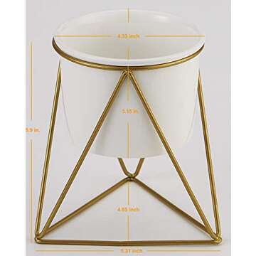 Lichamp Flowerplus Modern Succulent Planter Pot 4 inch with Stand, Indoor Desktop Decor 4.33 inch Small White Ceramic Cactus Round Pot with Gold Metal Holder