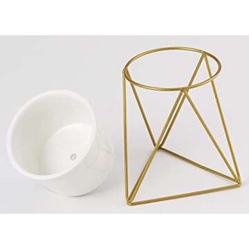 Lichamp Flowerplus Modern Succulent Planter Pot 4 inch with Stand, Indoor Desktop Decor 4.33 inch Small White Ceramic Cactus Round Pot with Gold Metal Holder