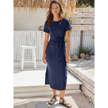 ANRABESS Women's Summer Short Sleeve Crewneck T Shirt Midi Dress Tie Waist Casual Slim Fit Slit Spring Long Beach Dresses Deep Blue Small