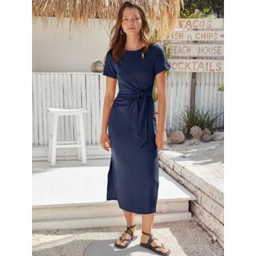 ANRABESS Women's Summer Short Sleeve Crewneck T Shirt Midi Dress Tie Waist Casual Slim Fit Slit Spring Long Beach Dresses Deep Blue Small