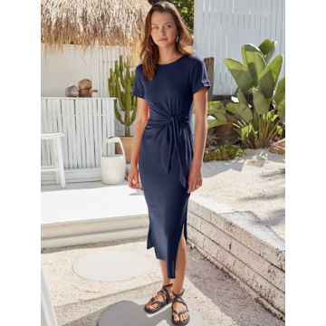 ANRABESS Women's Summer Short Sleeve Crewneck T Shirt Midi Dress Tie Waist Casual Slim Fit Slit Spring Long Beach Dresses Deep Blue Small