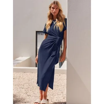 ANRABESS Women's Summer Short Sleeve Crewneck T Shirt Midi Dress Tie Waist Casual Slim Fit Slit Spring Long Beach Dresses Deep Blue Small