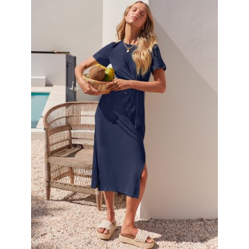 ANRABESS Women's Summer Short Sleeve Crewneck T Shirt Midi Dress Tie Waist Casual Slim Fit Slit Spring Long Beach Dresses Deep Blue Small