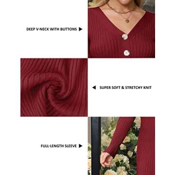 Blooming Jelly Womens Long Sleeve Sweater Dress Sexy V Neck Bodycon Mini Casual Fall Dress Trendy Ribbed Knit Ladies Winter Pullover Sweater (Small, Burgundy)