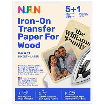 NuFun Activities Printable Iron-on Heat Transfer Paper for Wood - 5 Sheets, Easy DIY, Non-Toxic, Mad...