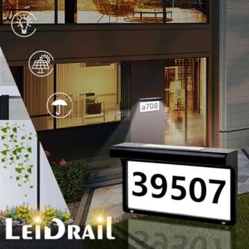 LeiDrail House Numbers Solar Powered Address Sign LED Illuminated Outdoor Metal Modern Plaque Waterp...