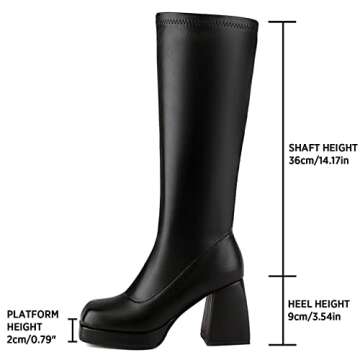SOVANYOU Black Knee High Boots Leather Tall Boots for Women Black Gogo Boots of 70s Square Toe Stret...