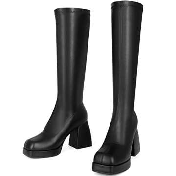 SOVANYOU Black Knee High Boots Leather Tall Boots for Women Black Gogo Boots of 70s Square Toe Stretch Boots Chunky Heeled Platform Boots
