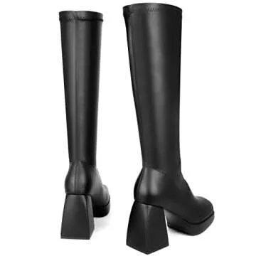 SOVANYOU Black Knee High Boots Leather Tall Boots for Women Black Gogo Boots of 70s Square Toe Stretch Boots Chunky Heeled Platform Boots