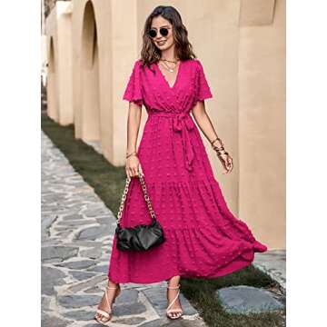 MASCOMODA Womens Swiss Dot Maxi Spring Wedding Guest Dress 2025 Casual Wrap V Neck Flutter Sleeve Lo...