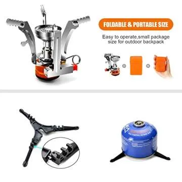 Odoland Camping Cookware Stove Carabiner Canister Stand Tripod and Stainless Steel Cup, Tank Bracket, Fork Spoon Kit for Backpacking, Outdoor Camping Hiking and Picnic,Orange