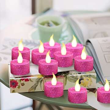 FURORA LIGHTING Fuchsia Glitter LED Tealight Candles Pack of 12, Flameless Flickering Tealight Candl...