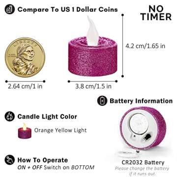 FURORA LIGHTING Fuchsia Glitter LED Tealight Candles Pack of 12, Flameless Flickering Tealight Candles for Home Décor, 1.5’’(W) x 1.65’’(H), Battery Operated