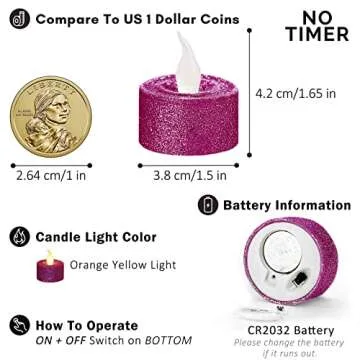 FURORA LIGHTING Fuchsia Glitter LED Tealight Candles Pack of 12, Flameless Flickering Tealight Candles for Home Décor, 1.5’’(W) x 1.65’’(H), Battery Operated