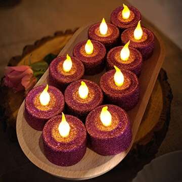 FURORA LIGHTING Fuchsia Glitter LED Tealight Candles Pack of 12, Flameless Flickering Tealight Candles for Home Décor, 1.5’’(W) x 1.65’’(H), Battery Operated