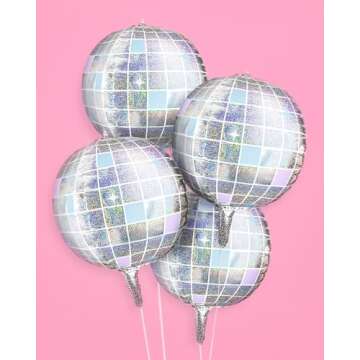 xo, Fetti Iridescent Disco Ball Foil Balloons - 4 pk, 22" | Last Disco Bachelorette Decorations, Groovy Birthday Party Supplies, 70s Baby Shower, NYE, Space Cowboy
