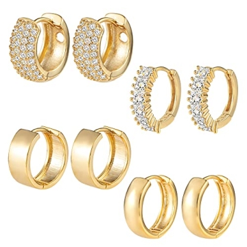 Gold Small Hoop Earrings Set - Hypoallergenic 14K Lightweight Huggie Hoops (4 Pairs)