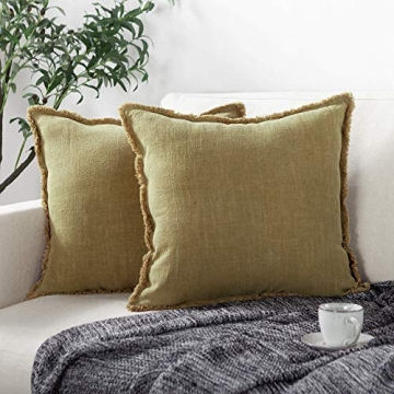 ATLINIA Fringed Cushion Cover - Olive Soft Linen 20x20