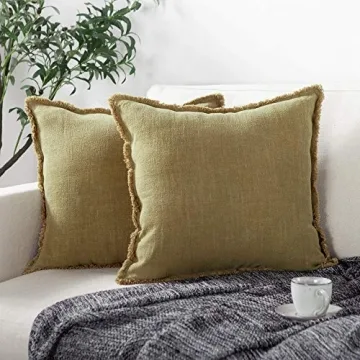 ATLINIA Fringed Cushion Cover - Olive Soft Linen 20x20