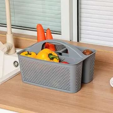 UUJOLY Plastic Portable Shower Caddy Basket Bucket, Cleaning Shower Basket with Handle Compartments Storage Basket Organizer for Bathroom Kitchen College Dorm Sink, Grey