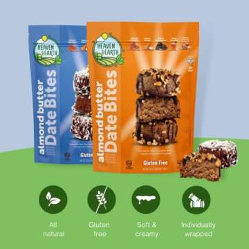 Heaven & Earth Gluten Free Chocolate Covered Almond Butter Date Bite Truffles, 5.25oz (2 Pack Variety), All Natural, Individually Wrapped Date Snacks, Kosher for Passover