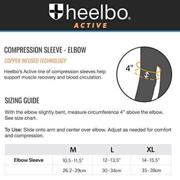 Heelbo Elbow Sleeve and Elbow Compression Sleeve with Copper Infused Fibers and Breathable Fabric for Tendonitis, Golfers Weight Lifting, Tennis Elbow or Arthritis for Men and Women, Black, Medium