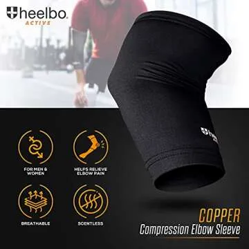 Heelbo Elbow Sleeve and Elbow Compression Sleeve with Copper Infused Fibers and Breathable Fabric for Tendonitis, Golfers Weight Lifting, Tennis Elbow or Arthritis for Men and Women, Black, Medium