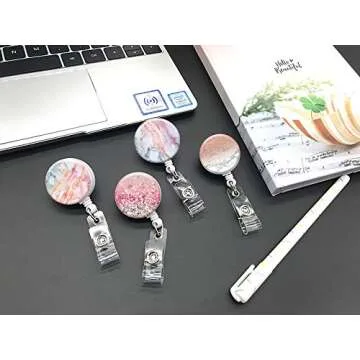 Elegant Retractable ID Badge Holder for Office Workers and Nurses (Marble 4-1)