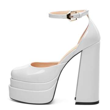 FOGEENA White Platform Chunky Heels for Women Block High Heels Patent Closed Round Toe Ankle Strap 5...