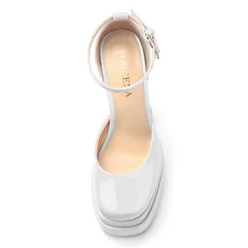 FOGEENA White Platform Chunky Heels for Women Block High Heels Patent Closed Round Toe Ankle Strap 5.9 Inch Pumps Fashion Dating Prom Party Dress Shoes Size 9