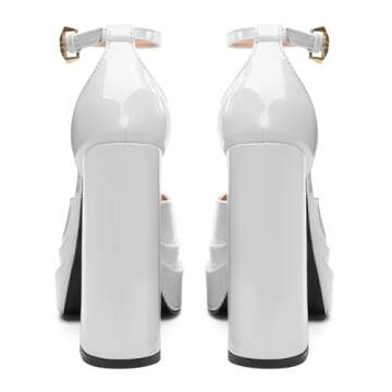 FOGEENA White Platform Chunky Heels for Women Block High Heels Patent Closed Round Toe Ankle Strap 5.9 Inch Pumps Fashion Dating Prom Party Dress Shoes Size 9