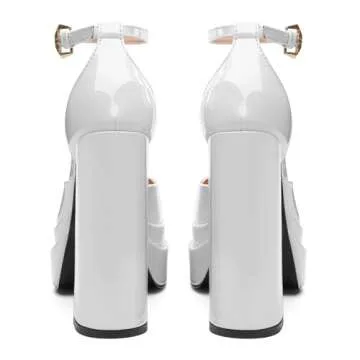 FOGEENA White Platform Chunky Heels for Women Block High Heels Patent Closed Round Toe Ankle Strap 5.9 Inch Pumps Fashion Dating Prom Party Dress Shoes Size 9