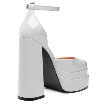 FOGEENA White Platform Chunky Heels for Women Block High Heels Patent Closed Round Toe Ankle Strap 5.9 Inch Pumps Fashion Dating Prom Party Dress Shoes Size 9
