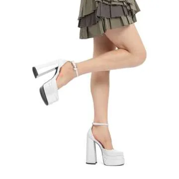 FOGEENA White Platform Chunky Heels for Women Block High Heels Patent Closed Round Toe Ankle Strap 5.9 Inch Pumps Fashion Dating Prom Party Dress Shoes Size 9