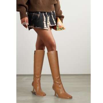 Dsevht Black Leather Knee High Boots for Women Stiletto Kitten Heeled Sexy Tall Boots Square Toe and Side Zipper Design Fashion Dress Boots