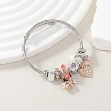 DS Charm Bracelets for girls,exquisite cute cartoon friendship bracelets Stainless Steel Bangle with birthday Gift box, Adjustable girls jewelry Suitable for holiday gifts (Pink Beetle)