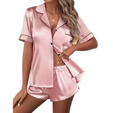 Ekouaer Women's Silk Satin Pajama Set Short Sleeve Loungewear