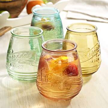 Wine Glasses Set Of 4 Assorted Colored Stemless Glasses 21 OZ. Original Mason Large Wine Cup, Red and White Wine Drinking Water Glasses. Juice, Cocktails, Smoothies, Vintage Bar Glasses