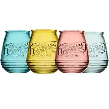 Wine Glasses Set Of 4 Assorted Colored Stemless Glasses 21 OZ. Original Mason Large Wine Cup, Red and White Wine Drinking Water Glasses. Juice, Cocktails, Smoothies, Vintage Bar Glasses