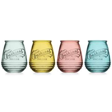 Wine Glasses Set Of 4 Assorted Colored Stemless Glasses 21 OZ. Original Mason Large Wine Cup, Red and White Wine Drinking Water Glasses. Juice, Cocktails, Smoothies, Vintage Bar Glasses