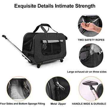 GJEASE Large Pet Rolling Carrier with Wheels for Up to 35 LBS(Upgrade Material-Sponge Filling),with Durable Handle and Flexible Wheels,Breathable and Collapsible Carrier for Small Medium Pets
