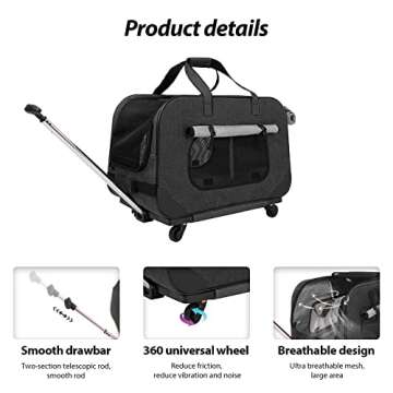 GJEASE Large Pet Rolling Carrier with Wheels for Up to 35 LBS(Upgrade Material-Sponge Filling),with Durable Handle and Flexible Wheels,Breathable and Collapsible Carrier for Small Medium Pets