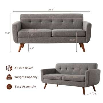Tbfit 65" W Loveseat Sofa, Mid Century Modern Love Seat Couches for Living Room, Button Tufted Uphol...