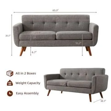 Tbfit 65" W Loveseat Sofa, Mid Century Modern Love Seat Couches for Living Room, Button Tufted Uphol...