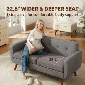 Tbfit 65" W Loveseat Sofa, Mid Century Modern Love Seat Couches for Living Room, Button Tufted Upholstered Small Couch for Bedroom, Solid and Easy to Install Love Seats Furniture, Grey