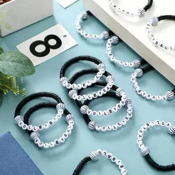 Trnayi 24 Pcs Volleyball Bracelets Volleyball Party Favors Charm Volleyball Bracelet Stackable Clay Beaded Bracelets for Volleyball Senior Night Gifts Teens Team Volleyball Party Decor(Black)