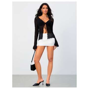 Milumia Women's Y2K Textured Lettuce Trim Tie Front Cardigan Long Sleeve Sheer Shrug Top Cover Ups Black Medium