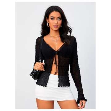 Milumia Women's Y2K Textured Lettuce Trim Tie Front Cardigan Long Sleeve Sheer Shrug Top Cover Ups Black Medium