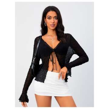 Milumia Women's Y2K Textured Lettuce Trim Tie Front Cardigan Long Sleeve Sheer Shrug Top Cover Ups Black Medium